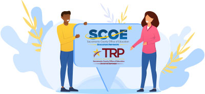 Illustration of two people presenting a sign reading SCOE and the School of Education